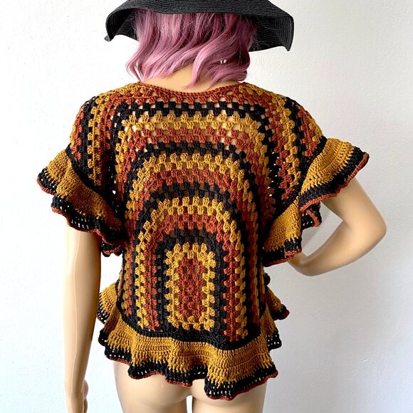 Crochet Knit Top Boho Chic Ruffled Crop Sweater Groovy Hippie Bohemian ZARA M - Picture 4 of 5